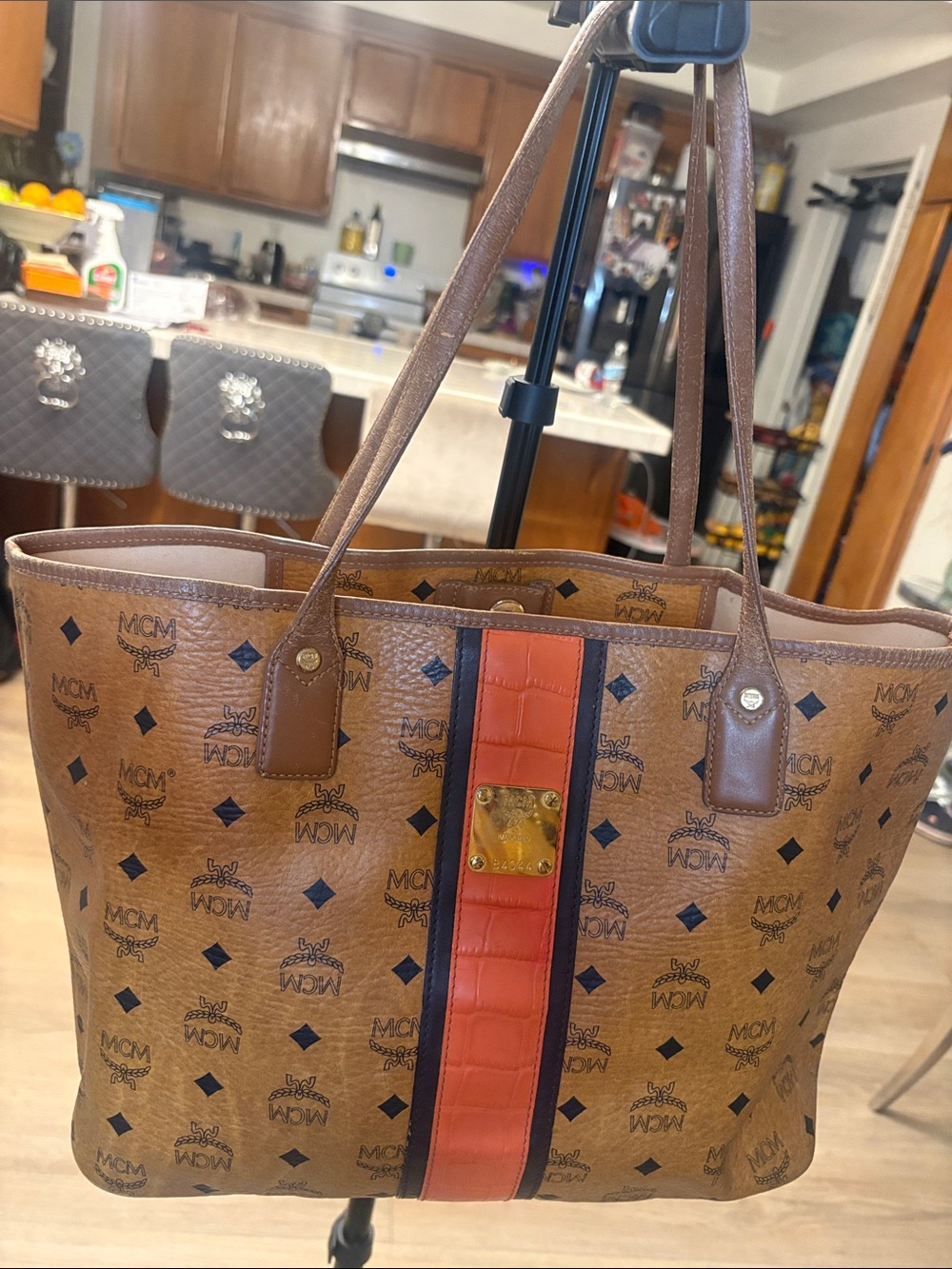 MCM Brown Leather Tote with Orange Center Stripe and Black Trim